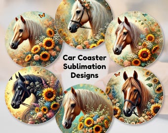 Solros Hästbil Underlägg PNG Bundle • 6 Runda Sublimeringsdesigner • Blommig Hästkonst • 300 DPI Transparenta PNG-bilder