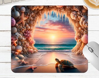 3D Beach Landscape Mousepad PNG | Turtle Ocean Sublimation Design (Digital Download)