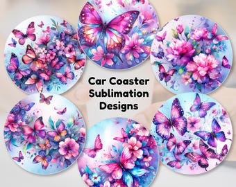Butterfly Fantasy Round Car Coaster Sublimation Bundle – 6 PNG Designs | Car Accessories | Instant Digital Download