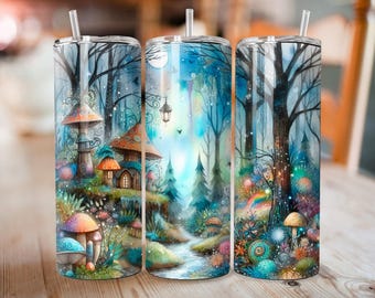 Enchanted Forest Tumbler Wrap PNG | Magical Fantasy 20oz Skinny Sublimation Design • Woodland Glow Art