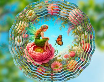 Whimsical Fairy Garden Wind Spinner PNG | Floral Butterfly Sublimation Template (10.5" Digital Download)