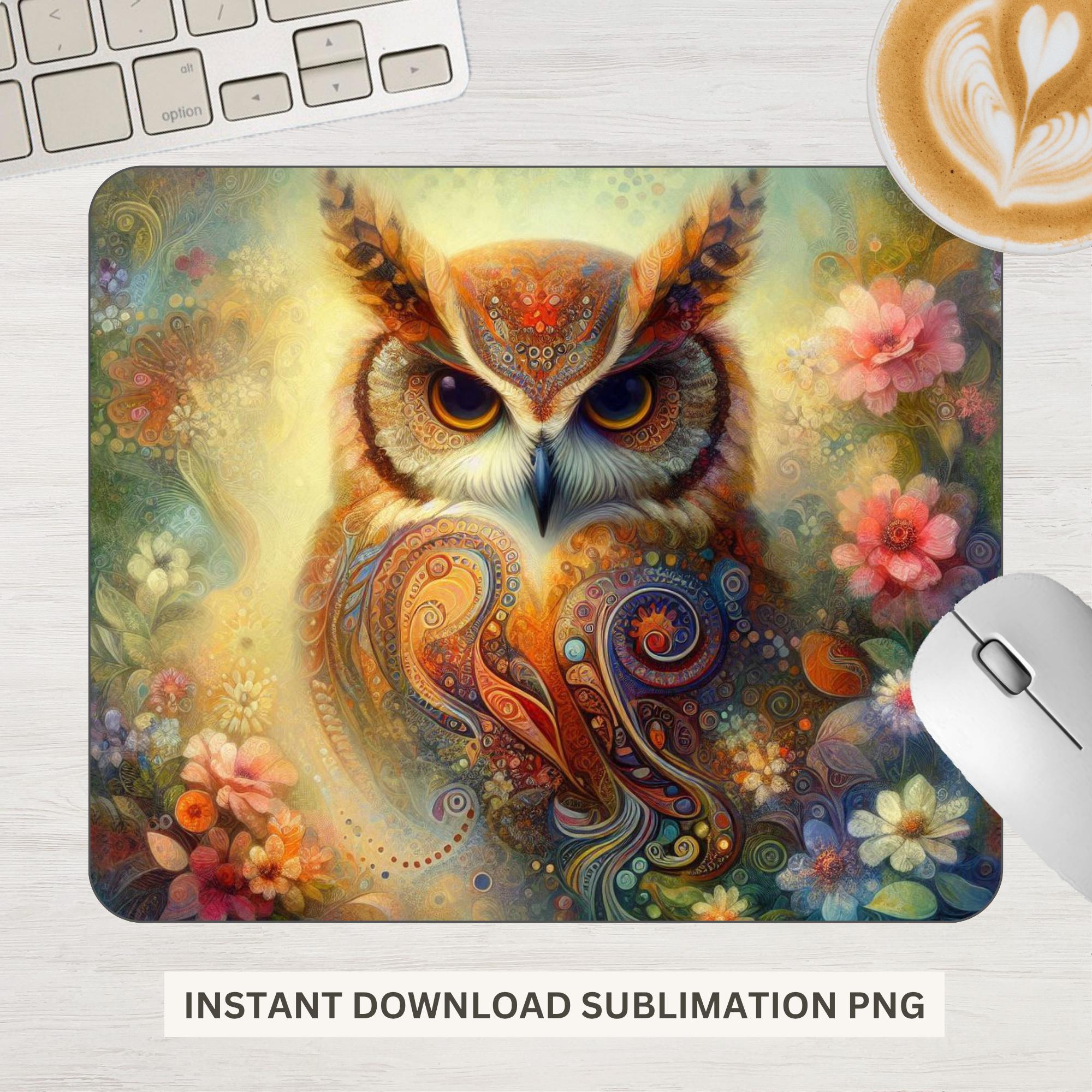 Vibrant Owl Mouse Pad | Colorful Wildlife Sublimation PNG &bull; Artistic Owl Desk Mat &bull; Digita