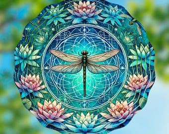 Dragonfly Lotus Wind Spinner | 10.5" Garden Sublimation PNG • Tranquil Nature Spinner Art • Digital Download