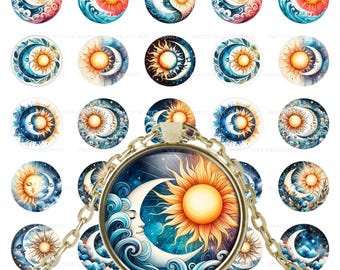 太陽、月、星、天体サークル PNG | 神秘的なジュエリークラフトのクリップアート（デジタルダウンロード）