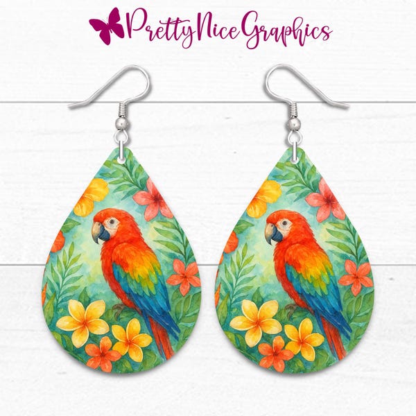 Parrot Teardrop Earring PNG | Tropical Bird Sublimation Design • 300 DPI Digital Download