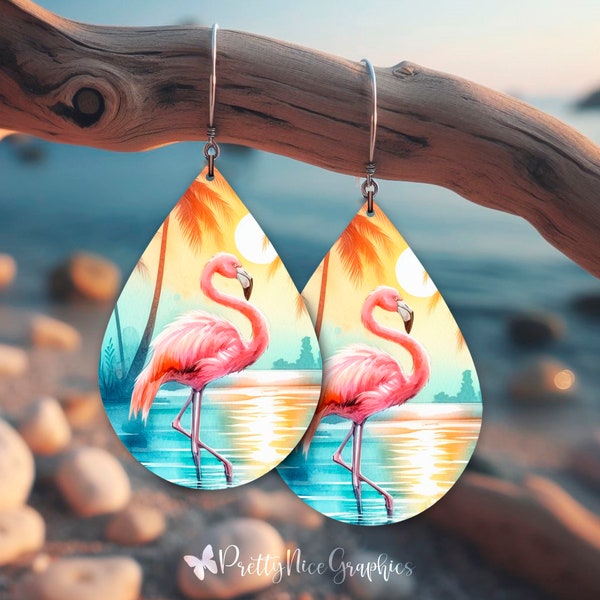 Flamingo, Teardrop Earring PNG Sublimation Design | Teardrop Earring | Pastel Pink and Aqua Earring PNG | Digital Download
