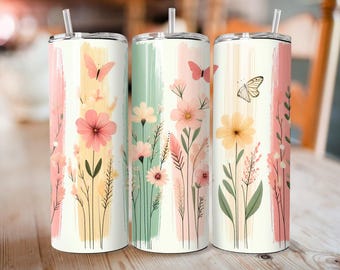 Spring Stripe Floral Tumbler Wrap | Pastel Flowers Sublimation Design (Digital Download)