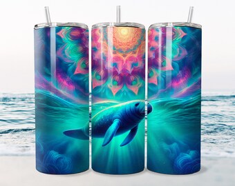 Manatee Tumbler Wrap | Beach Ocean 20oz Skinny PNG • Tropical Sea Life Sublimation Design