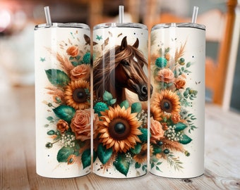 Brown Boho Horse Tumbler Wrap Design 20 oz Skinny Tumbler Sublimation Digital Download PNG Instant DIGITAL, Farm Ranch Animal Tumbler