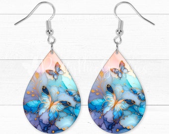 Blue Butterfly Teardrop Earring PNG | Fantasy Floral Sublimation Design • 300 DPI Digital Download