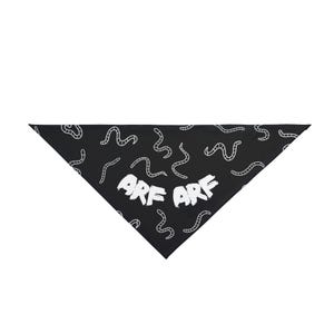 May include: Black bandana with a white worm pattern and the text "ARF ARF" printed in white.