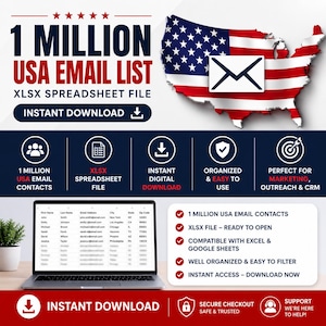 Puede incluir: Un anuncio de producto digital para una lista de 1 millón de correos electrónicos de EE. UU. en formato XLSX. El gráfico muestra un mapa de los Estados Unidos con un icono de sobre, una computadora portátil con datos y una lista de funciones.
