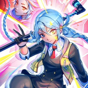 May include: A blue-haired anime character with yellow eyes and a red tie, wearing a black and yellow jacket, holds a black and blue weapon. The character is surrounded by colorful streaks of light.