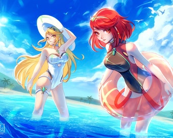 Pyra & Mythra Beach | Xenoblade Mini Print (5x7")