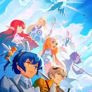 May include: Digital illustration featuring a group of anime-style characters set against a bright blue sky with clouds. The characters have diverse hair colours and styles, some holding weapons or magical items. A stylized bird and sun are in the background.