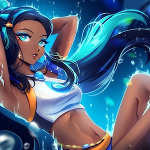 May include: A digital illustration of a woman with long blue and black hair, wearing a white and orange swimsuit, surrounded by blue water droplets.
