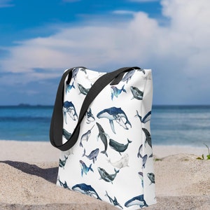 Beach Bag tote with Whale Print. Perfect summer beach or pool tote bag.  Unique whale pattern,  beach bag tote with colorful cotton strap
