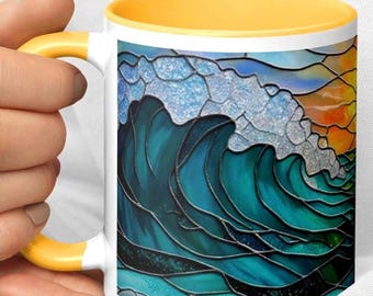 Stained Glass Ocean Wave Coffee Mug – Beach Coastal Decor
