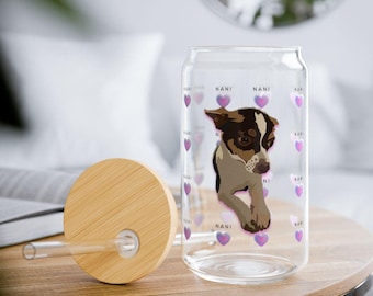 Personalized Pet Glass Sipper, custom pet portrait cup, gift for pet lover, valentines day gift, coffee tea or soda cup, heart designs