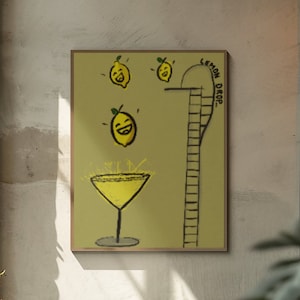 Arte mural de martini con gotas de limón, póster de cócteles, póster de bebidas, póster de bar, dibujado a mano, arte de cocina/bar