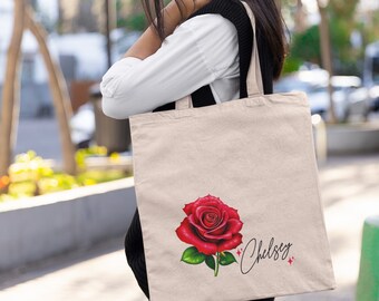 Custom Name Tote bag, Rose, gift for bestfriend, floral gift, gift for girlfriend, rose gift, personalized tote bag, trade show gift, spring
