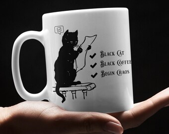 Black Cat Mug, crazy cat lady, cat dad, cat coffee mug, cat lover drinkware, cat mom gift, black coffee mornings, coffee bar gifts, sarcasm