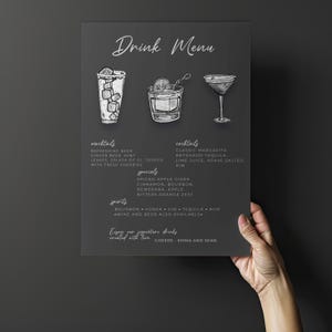 Signature drink menu, black and white, hand drawn cocktails, fully customizable sign, digital download, wedding or event poster