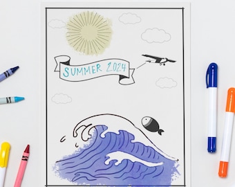 4 summer coloring pages, relaxing anxiety, summer activities, pool party handouts, digital downloads