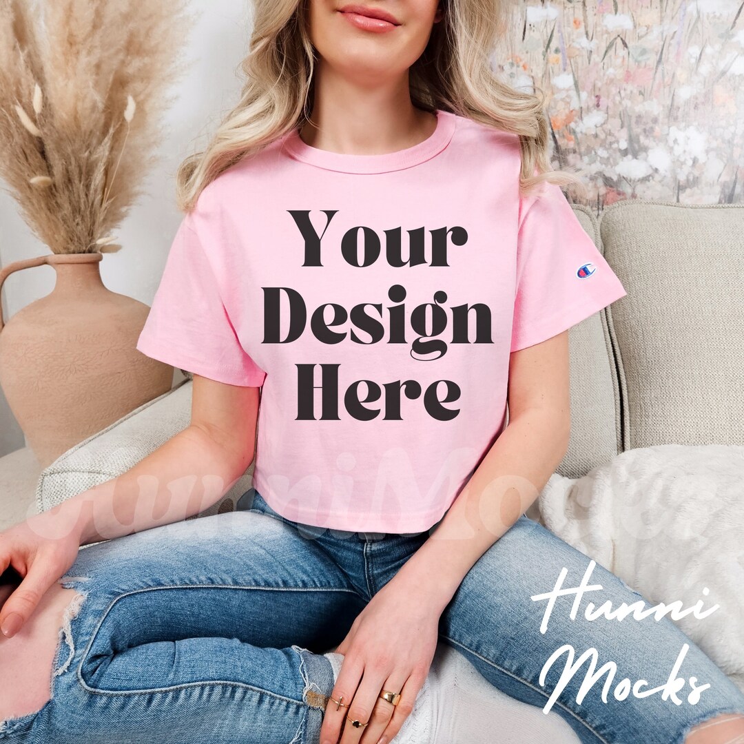 Pink Candy Champion Cropped Tee Mockup Champion T453W Crop Top Mockup ...