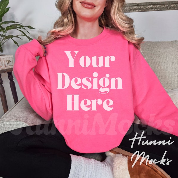 Gildan 18000 Safety Pink Sweatshirt Mockup | G180 Pink Crewneck Mockup | Real Model Mock | Gildan Safety Pink Pullover | Pink 18000 Mockup