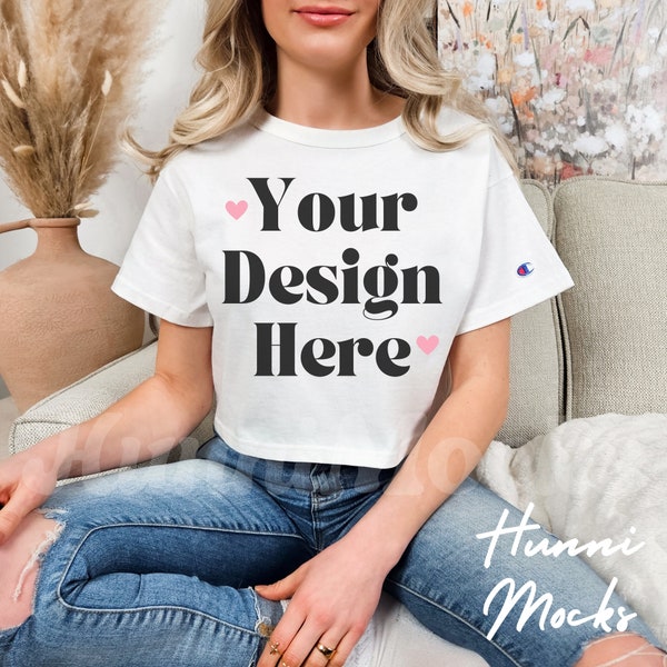 White Champion Cropped Tee Mockup | Champion T453W Crop Top Mockup | White Champion Crop Top Mock Up, Champion Cropped Tshirt Mock Up White