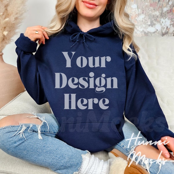 Gildan 18500 Navy Hoodie Mockup | G185 Navy Hooded Sweatshirt Mockup | Real Model Mock | Gildan 185 Navy Hoodie Mockup Simple Minimal Mock