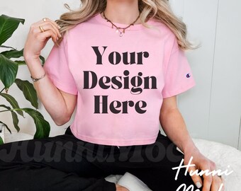 Pink Candy Champion Cropped Tee Mockup | Champion T453W Crop Top Mockup |  Champion Crop Top Mock Up | Cropped Mock Up | Crop Tshirt Mockup