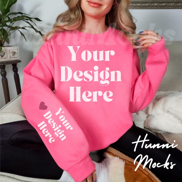 Gildan 18000 Safety Pink Sweatshirt Mockup | G180 Pink Crewneck Sleeve Mockup | Model Mock | Gildan Safety Pink Pullover | Arm Mockup