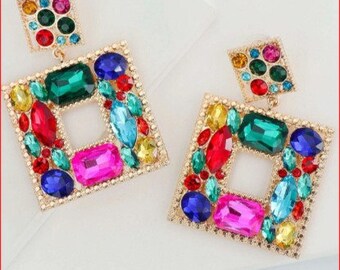 Multicolor Rhinestone Square Drop Earring, Bridal Wedding Drop Earrings, Square Earrings, Rhinestone Earring, Wedding Jewelry, Gift for her