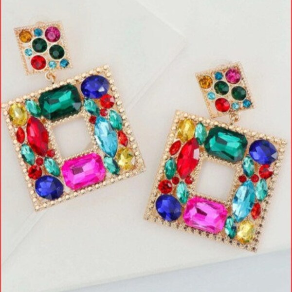 Multicolor Rhinestone Square Drop Earring, Bridal Wedding Drop Earrings, Square Earrings, Rhinestone Earring, Wedding Jewelry, Gift for her