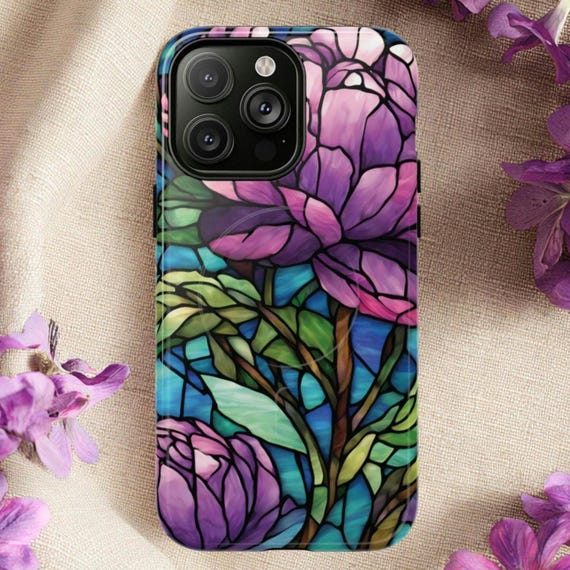 Peony Tough Phone Case: Magsafe for iPhone 14 15 16 17, Stained Glass Design