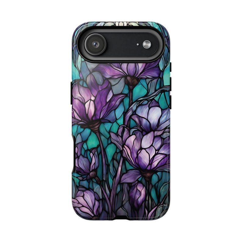 Purple & Teal Stained Glass Flower Tough Phone Case, Fits iPhone, Galaxy, Pixel image 10