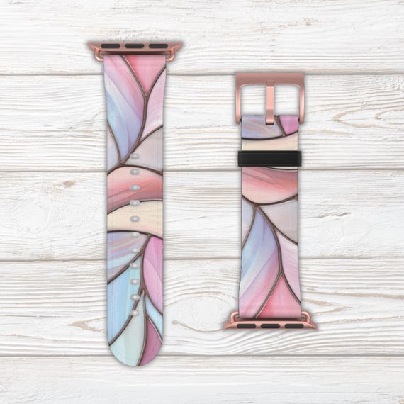 Pink & Blue Watch Band for Apple Watch Series 1 2 3 4 5 6 7 8 9 Ultra SE, Faux Leather, Stainless Steel Hardware, Women's, Stained Glass