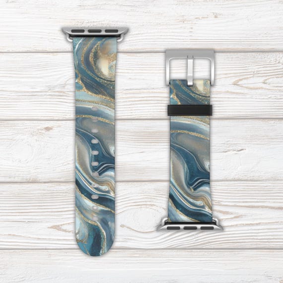 Marbled Watch Band for Apple Watch Series 1 2 3 4 5 6 7 8 9 Ultra SE, Faux Leather, Stainless Steel Hardware, Women's Smartwatch Strap Bling