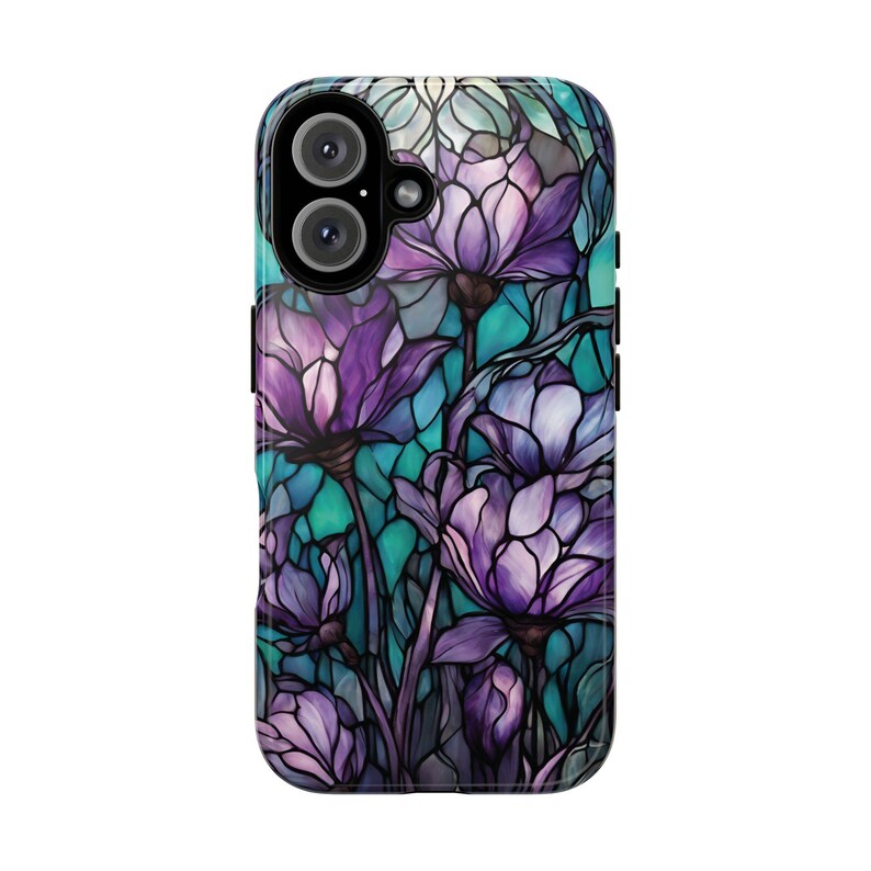 Purple & Teal Stained Glass Flower Tough Phone Case, Fits iPhone, Galaxy, Pixel image 8