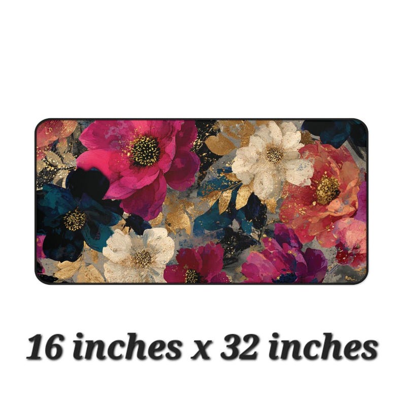 K&ouml;nnte beinhalten: Rechteckiges Blumendesign mit rosa, roten, wei&szlig;en und marineblauen Blumen, akzentuiert mit goldenen Bl&auml;ttern. Der Text unten lautet "16 inches x 32 inches" (ca. 40,6 x 81,3 cm).