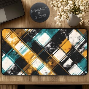 Plaid Desk Mat: Teal, Yellow & Black Grunge Office Decor