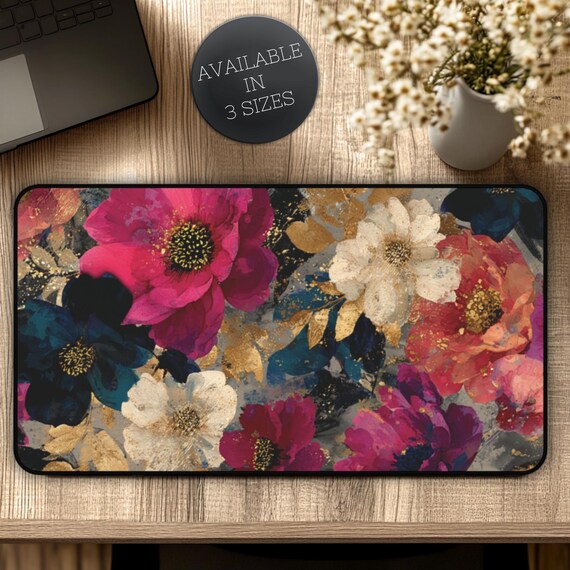 Floral Desk Mat, Flower Desk Pad, Glam Mousepad, Pink & Gold Desk Mat, Office Decor, College Dorm Decor, Keyboard Mat, Pretty Desk Pad
