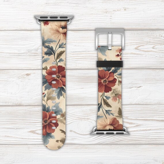 Floral Watch Band for Apple Watch Series 1 2 3 4 5 6 7 8 9 Ultra SE, Faux Leather, Stainless Steel Hardware, Flower Country Chic Vintage