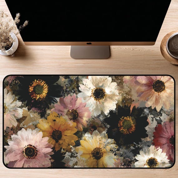 Floral Desk Mat, Flower Desk Pad, Floral Mousepad, Moody Decor, Pink & Black Desk Mat, Office Decor, College Dorm Decor, Keyboard Mat