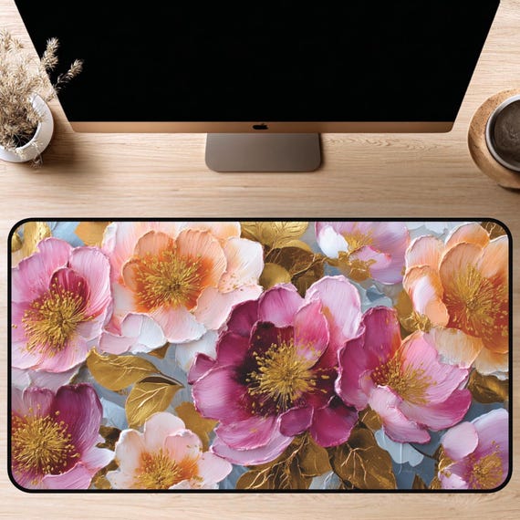 Pink Orange & Gold Floral Desk Mat | 12x18, 12x22, 16x32