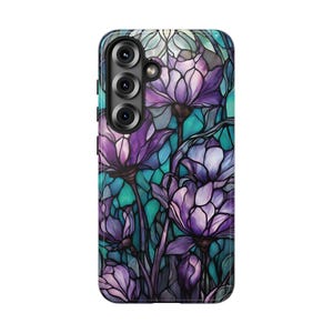 Purple & Teal Stained Glass Flower Tough Phone Case, Fits iPhone, Galaxy, Pixel image 14