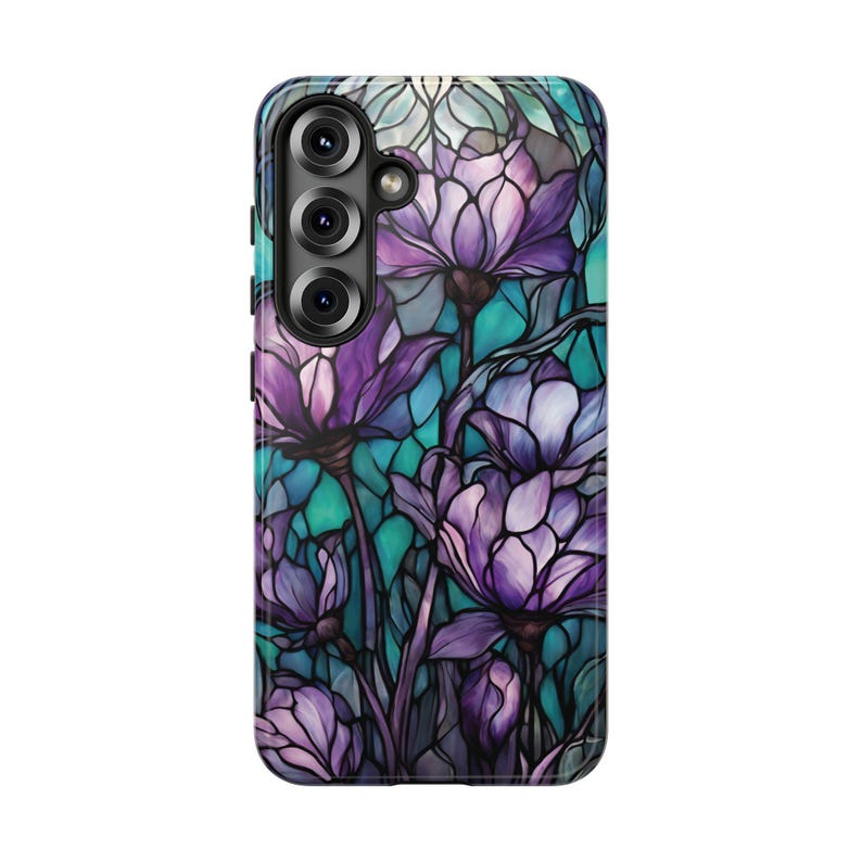 Purple & Teal Stained Glass Flower Tough Phone Case, Fits iPhone, Galaxy, Pixel image 14