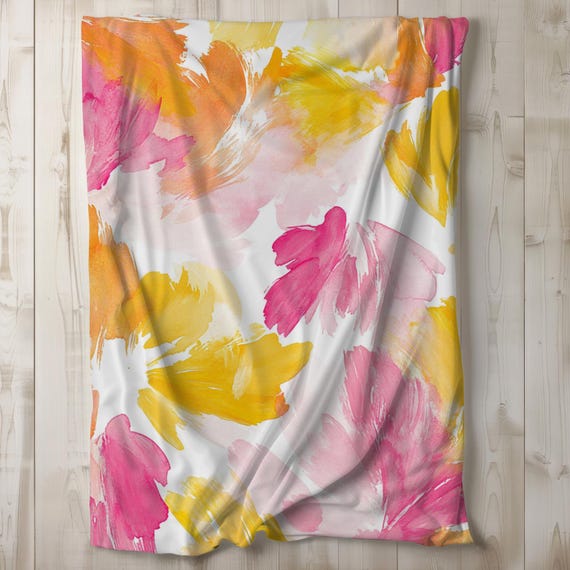 Pink & Yellow Sherpa Blanket, Watercolor Fleece Blanket, Throw Blanket, Bedding, Gift Idea, Abstract Vibrant Bright Boho 50x60, 60x80